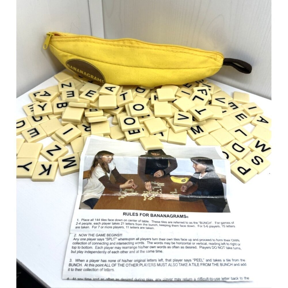 Bananagrams Crossword Family Fun‎ Game Banana Gram Word Play Tiles in Banana Bag
